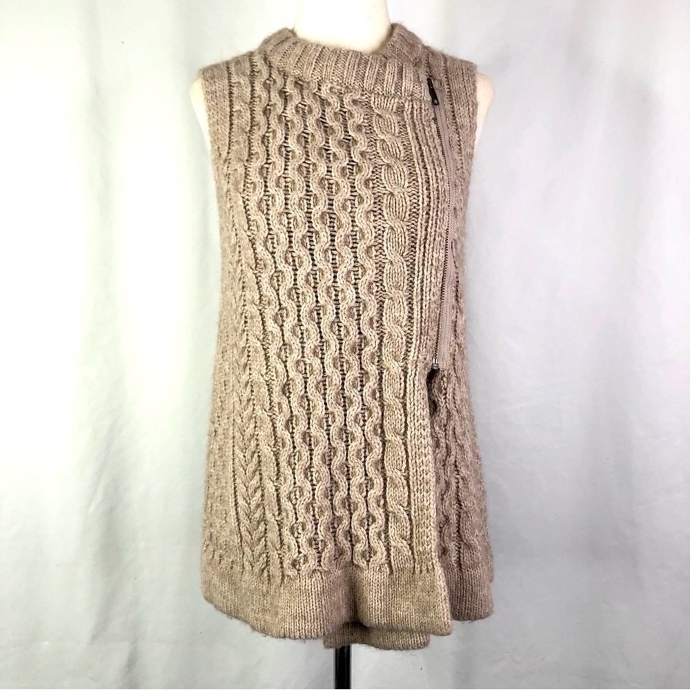 Topshop asymmetrical cabled sweater vest acrylic alpaca zip camel dk oatmeal 8